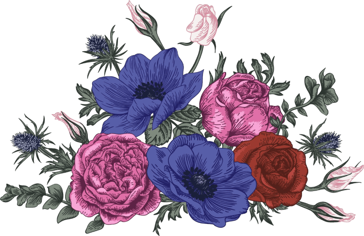 Illustration of a floral arrangement with blue anemones, pink roses, a red rose, and green leaves on a white background.