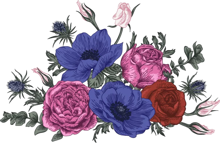 Ilustración de un ramo con anémonas azules y rosadas, rosas rojas y rosadas y pequeños capullos sin abrir con follaje verde.